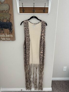 Crazy Train Studded Leopard Fringe Long Vest